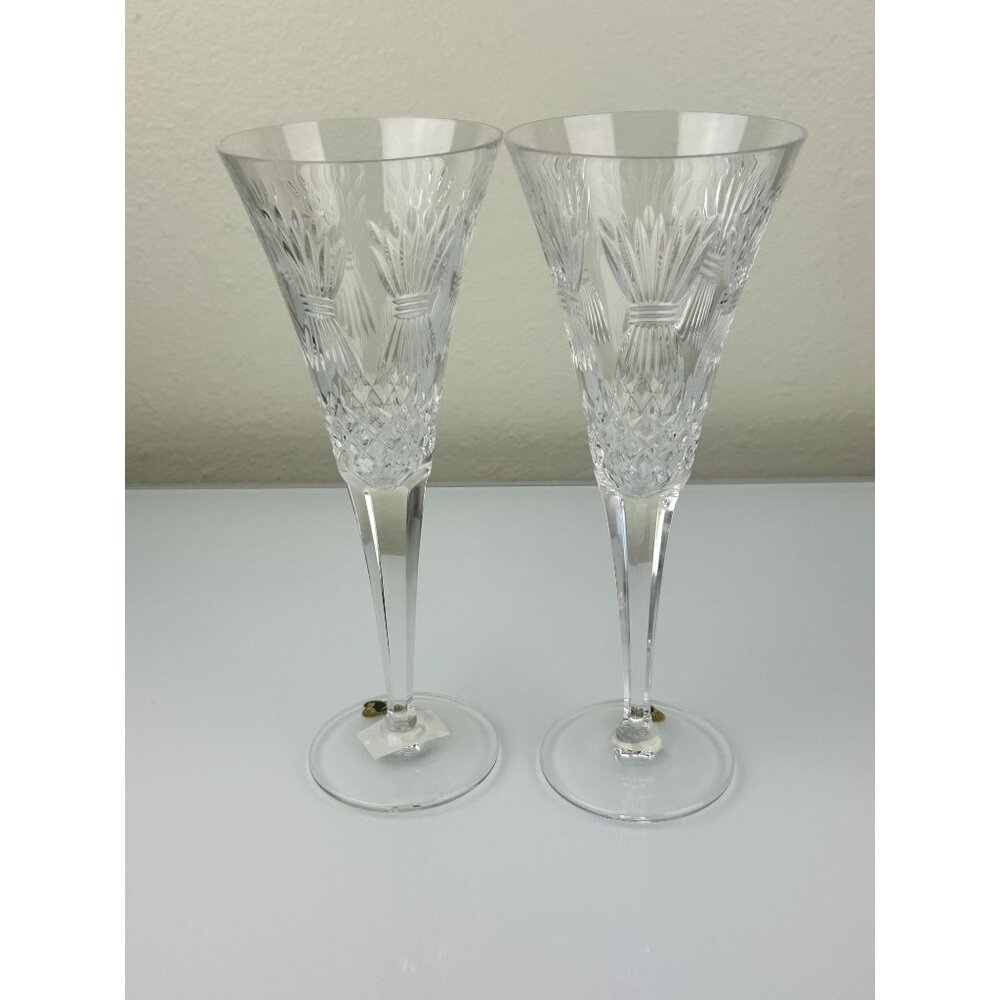 2 Waterford Crystal Millennium Wheat PROSPERITY Toasting Champagne Flutes 9.25" - Picture 2 of 16